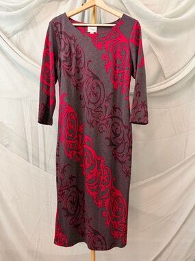 ECI Grey Midi Dress with Red Scroll Pattern